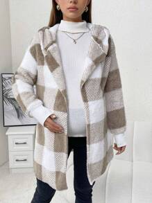 SHEIN Maternity Buffalo Plaid Pattern Drop Shoulder Hooded Teddy Coat - Khaki - View 5