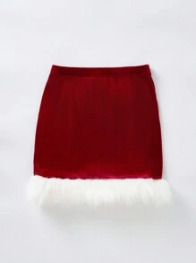 SHEIN MOD Fuzzy Trim Bodycon Skirt - Red - View 2