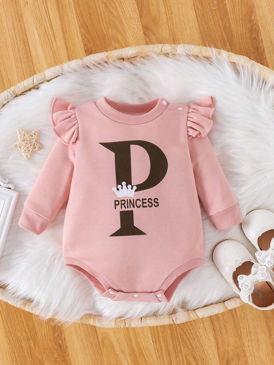 Baby Girl Letter Graphic Ruffle Trim Bodysuit - Pink - View 1