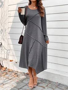 SHEIN LUNE 頂針不對稱下擺T恤洋裝 - 灰色 - 查看 5