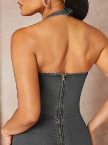 SHEIN BAE Open Back Flare Leg Halter Neck Denim Jumpsuit - Grey - View 9