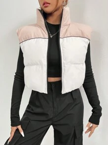 SHEIN Unity Colorblock Zip Up Casual Vest Winter Coat - White - View 3