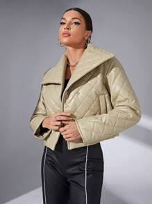 SHEIN Essnce Snap Button PU Leather Quilted Coat - Beige - View 5