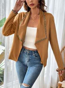 SHEIN VCAY Women's Patchwork Embroidered Edge Lapel Front Zipper Jacket - Brown - View 5