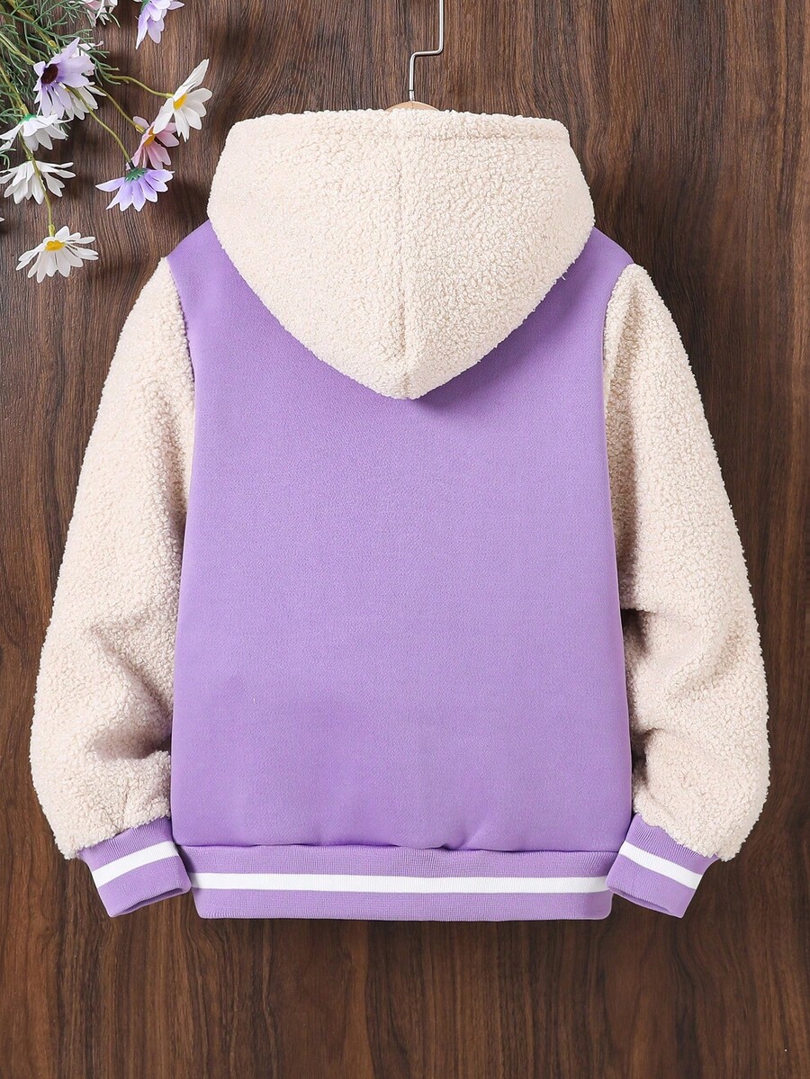 SHEIN Chica preadolescente Cazadora con bordado de oso ribete de rayas