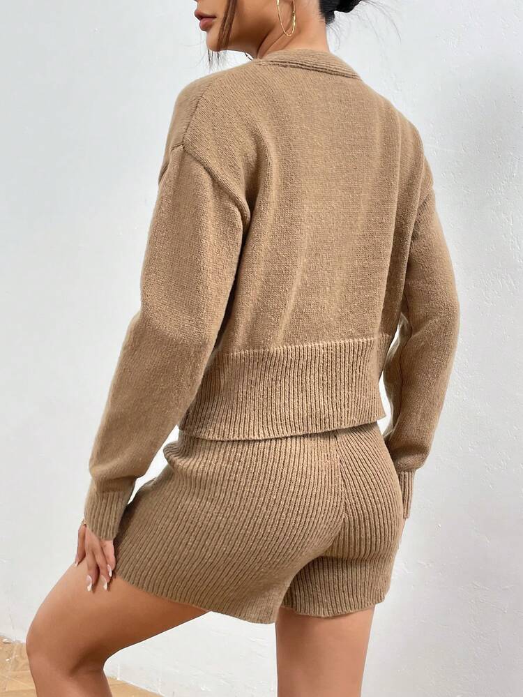 Drop Shoulder Double Breasted Cardigan & Knit Top & Knit Shorts