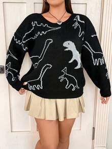 Flirla Hơn Đồ họa khủng long Thả vai Áo len - Đen và trắng - Xem 5