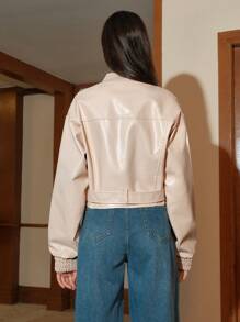 Anewsta Zip Up Belted PU Leather Bomber Jacket - Apricot - View 2