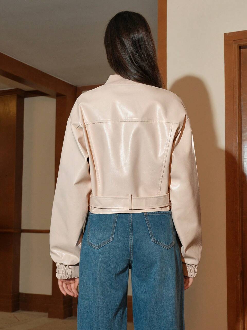 Zip Up Belted PU Leather Bomber Jacket