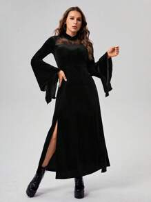 SHEIN Unity Ren tương phản tay áo lá sen Tách đùi Nhung Đầm - màu đen - Xem 1