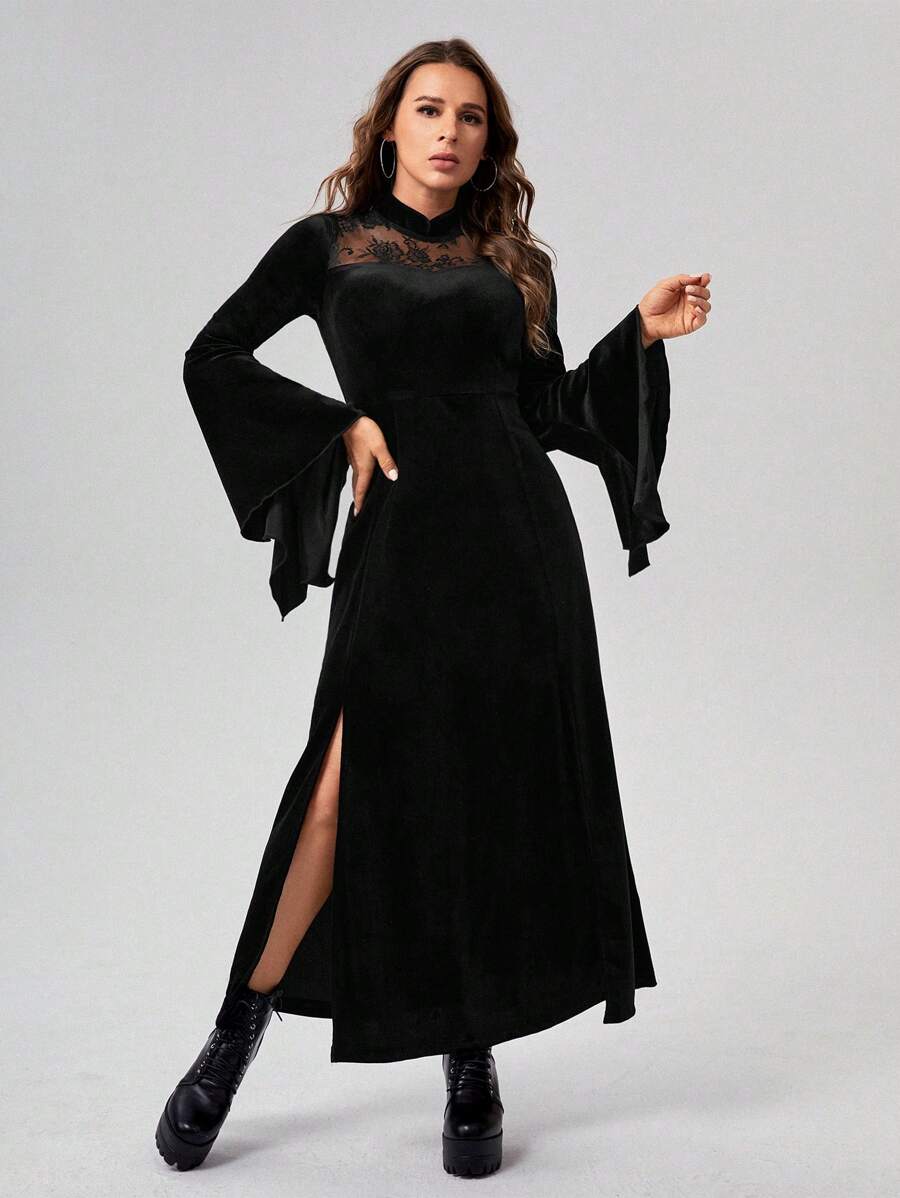 SHEIN Unity Ren tương phản tay áo lá sen Tách đùi Nhung Đầm - màu đen - Xem 1