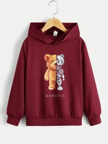 SHEIN Tween Boy Bear & Letter Graphic Hooded Sweatshirt - Burgundy - View 1