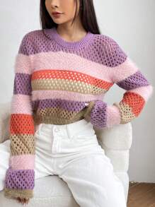 SHEIN Unity Áo len dệt kim dáng ngắn, phối màu, vai rớt, thích hợp cho mùa thu đông. - Nhiều màu - Xem 5