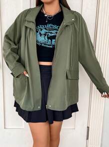 Flirla Plus Flap Pocket Drawstring Hooded Coat - Green - View 1