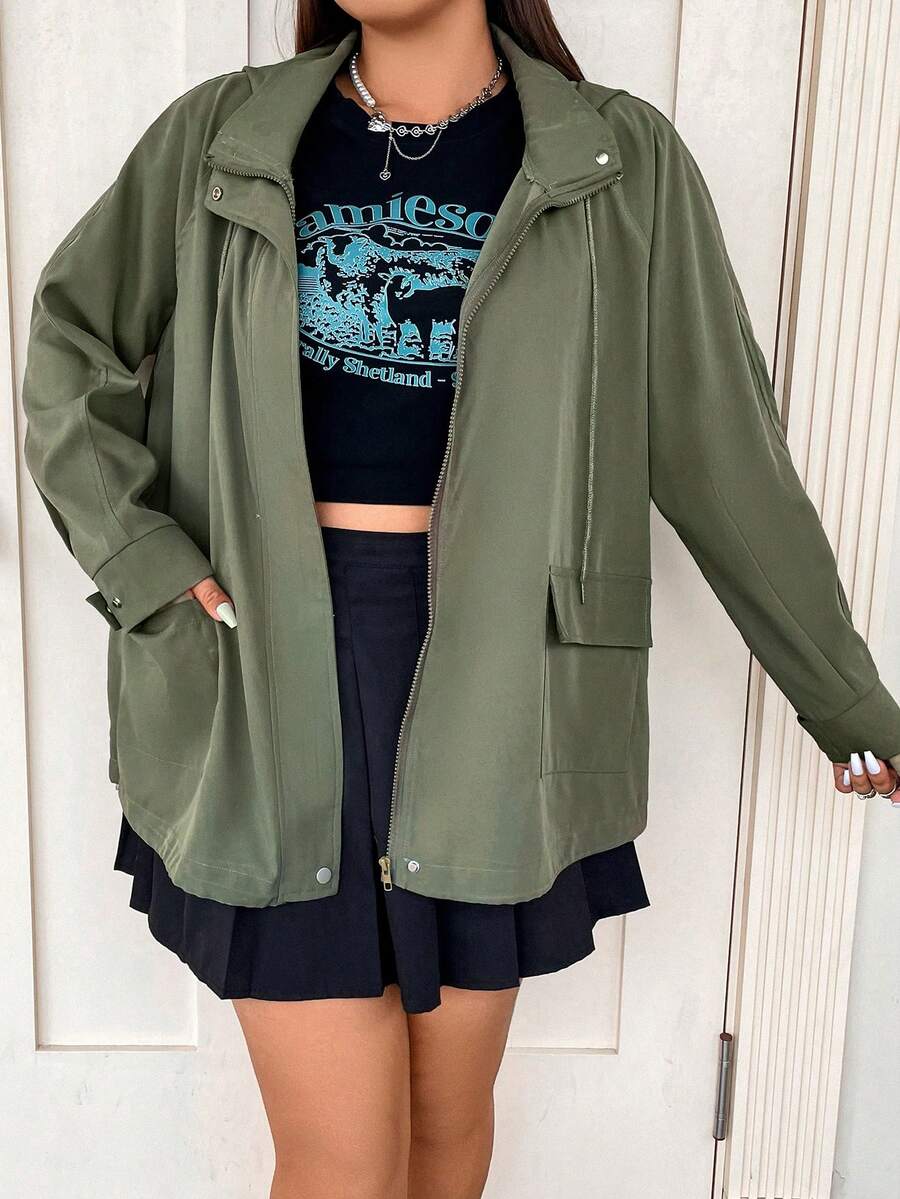 Flirla Plus Flap Pocket Drawstring Hooded Coat - Green - View 1