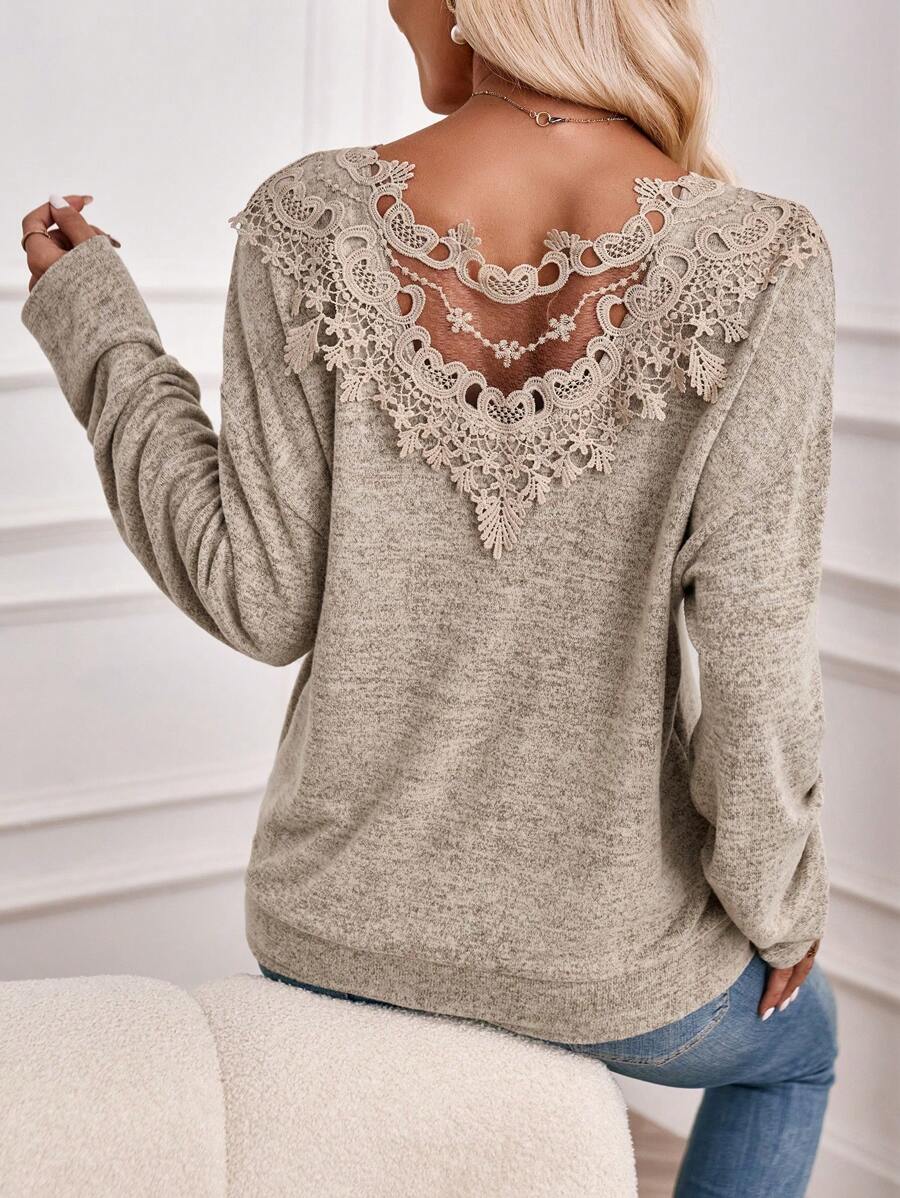 SHEIN LUNE Guipure Lace Insert Drop Shoulder Sweatshirt - Khaki - View 1