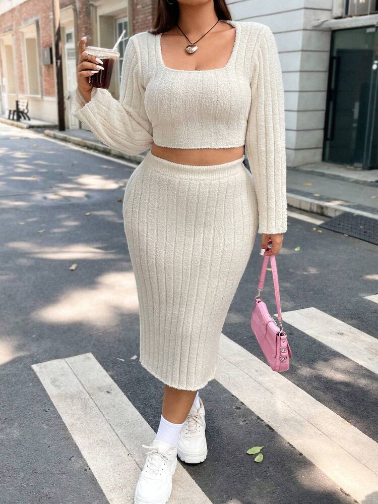 Plus Square Neck Crop Sweater & Knit Skirt