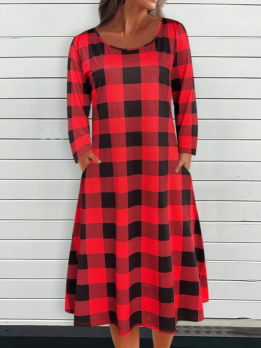 格紋印花隱藏口袋洋裝