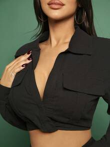 SHEIN SXY Flap Pocket Detail Crop Shirt - Black - View 3