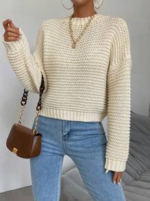 Chiquease Solid Drop Shoulder Knit Pullover Fall Winter Sweater - Apricot - View 4