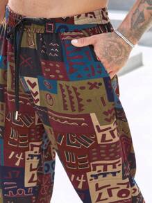 Manfinity RSRT Calças Longas Tapered Men Plus Patchwork Print com Cordão na Cintura, Gráficos Coloridos de Harém, Tamanho Casual - Multicolorido - Visão 4