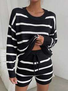 SHEIN Essnce Striped Pattern Drop Shoulder Sweater & Drawstring Waist Knit Shorts - Multicolor - View 3