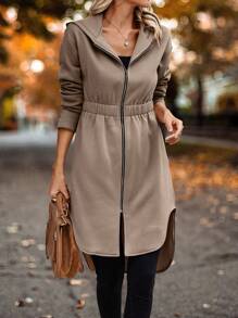 SHEIN LUNE Dây kéo Hem cao thấp Áo trùm đầu - Màu Khaki - Xem 1