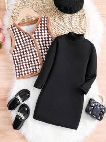 SHEIN Young Girl Houndstooth Print Contrast Binding Vest Jacket & Dress - Black - View 4