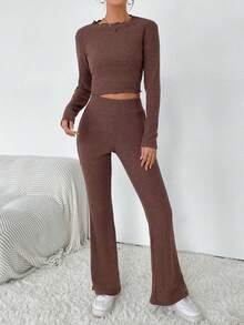 SHEIN Essnce Solid Lettuce Trim Tee & Flare Leg Pants & Open Front Coat - Brown - View 3