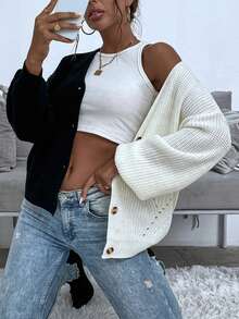 SHEIN Frenchy Hai âm Thả vai Áo len Mở - màu đen - Xem 6