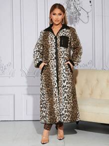 SHEIN SXY 豹紋印花拼接領補丁貼口袋拉鏈開襟外套 - 棕色 - 查看 6