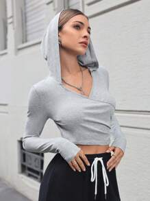 SHEIN Essnce Solid Wrap Cross Crop Hooded Tee