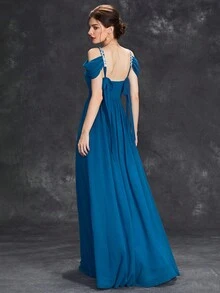 Vestido Largo De Gasa Con Cinta Decorativa De Lentejuelas De Doble Lado En El Escote Y Brazos Con Mangas Con Plisado Y Cinturilla De A-line - Agua verde azul - Ver 2