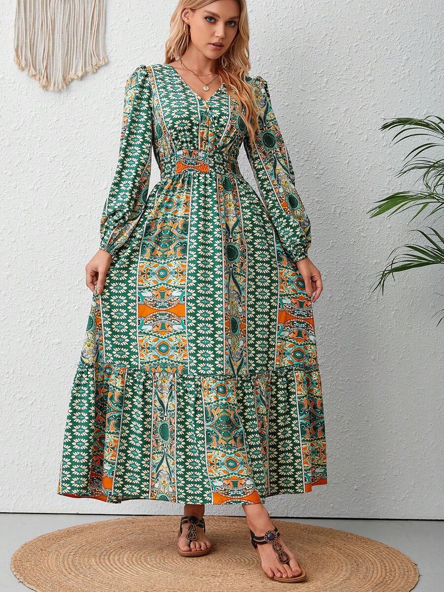 SHEIN VCAY Floral Print Lantern Sleeve Ruffle Hem Dress - Green - View 1