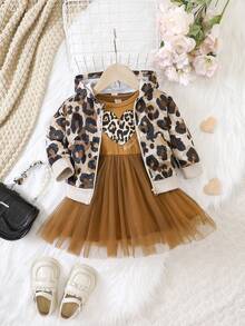 女嬰豹紋印花連帽夾克&網紗覆蓋洋裝 - 杏色 - 查看 6