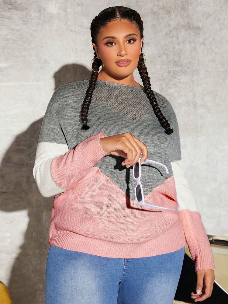 Plus Size Colorblock Sweater With Drop Shoulder