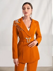 Modelyn 珍珠串珠水鑽細節腰帶西裝外套 - 橘色 - 查看 1