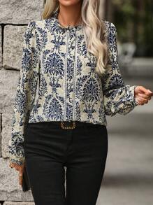 SHEIN LUNE 滿版印花褶邊襯衫 - 彩色 - 查看 7