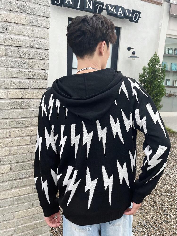 Men 1pc Lightning Pattern Hooded Sweater
