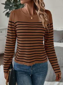 SHEIN Essnce Mẫu sọc Viền sò Nút Quay lại Áo len - Cà phê nâu - Xem 6