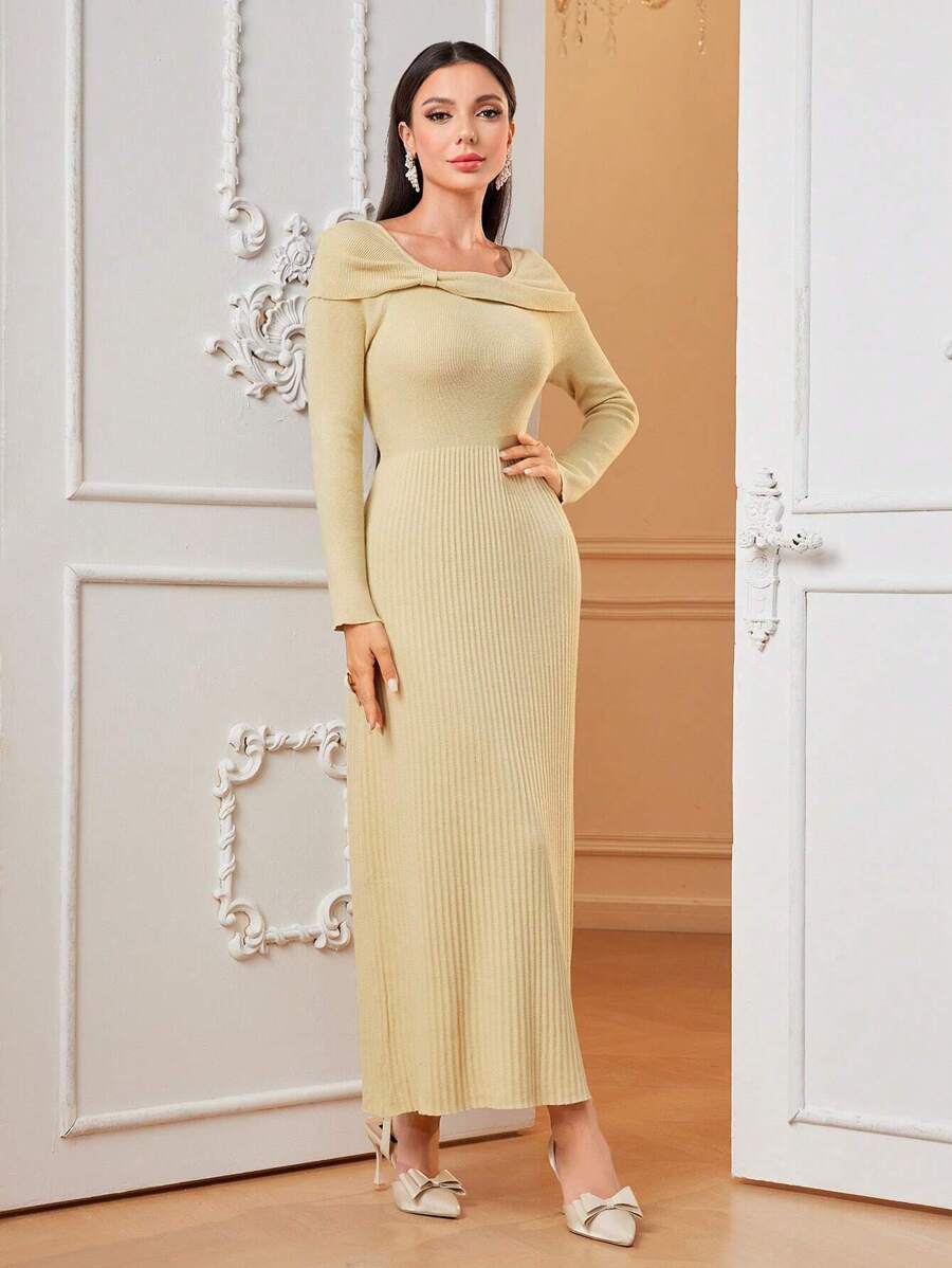 Modelyn 折邊條紋針織毛衣洋裝不附腰帶 - 杏色 - 查看 1