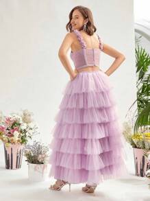 Enchnt High Low Layered Ruffle Mesh Overlay Skirt - Pink - View 2