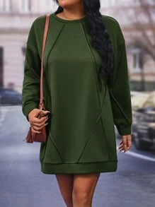 SHEIN LUNE Plus Solid Drop Shoulder Sweatshirt Dress - Army Green - View 4