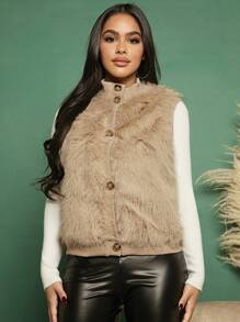 SHEIN SXY معاطف فراء صناعي نسائية الزر بازرارأمامية الصاف - كاكي - مشاهدة 6