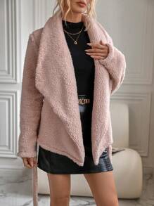 SHEIN Clasi 大翻領腰帶絨毛外套 - 淺粉色 - 查看 3