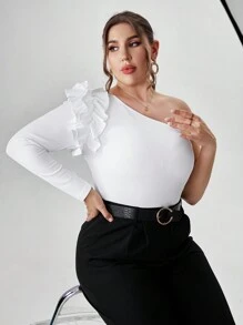 SHEIN Privé Hơn Một bờ vai Viền Ruffle Áo thun - trắng - Xem 5
