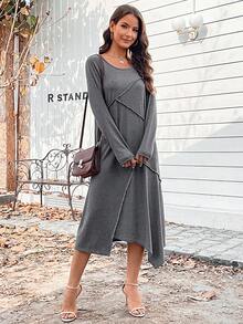 SHEIN LUNE 頂針不對稱下擺T恤洋裝 - 灰色 - 查看 4