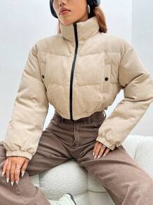 SHEIN EZwear Áo khoác đệm ngắn có khóa kéo cho mùa đông - Màu Khaki - Xem 5