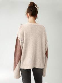 Anewsta 撞色落肩系带针织套头衫秋冬毛衣 - 棕色 - 查看 2