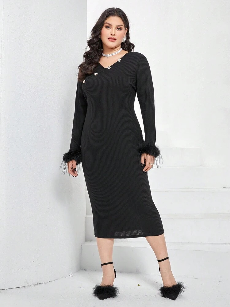 Plus Fuzzy Cuff Button Detail Fitted Dress Without Belt Long Evening Dresses Fall Cloth For Women